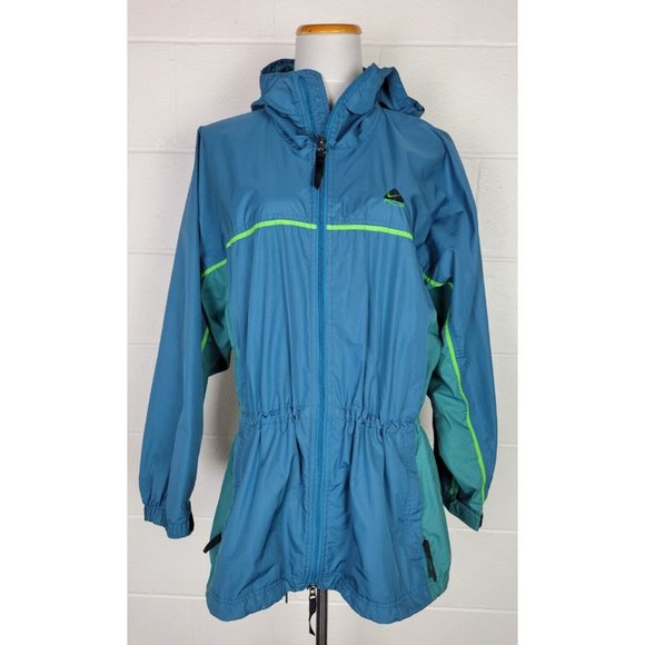 Nike ACG Womens Blue Green ClimaFit Windbreaker Rain Jacket Hooded Cinch Waist L - Picture 1 of 10